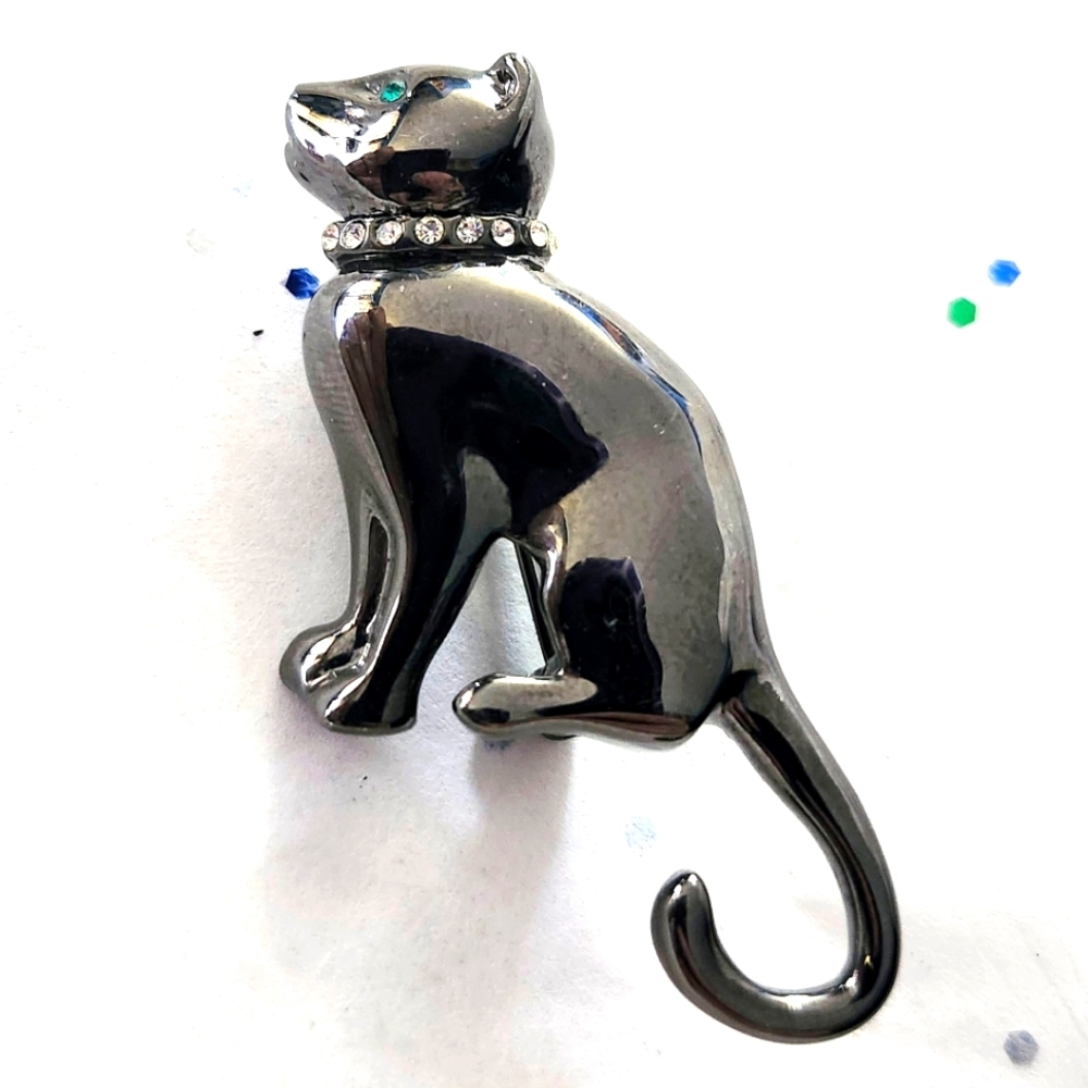 Vtg Graphite Enamel Rhinestone Collar Cat Profile Pin Brooch